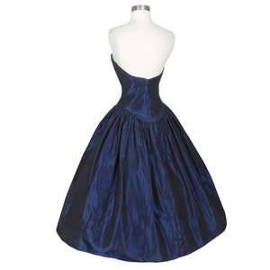 Vintage 80s 50s Navy Blue Taffeta Sweetheart Strapless Full Skirt Prom Party Dress S Small Low Back Classic New Look Rockabilly Pinup Swing image 6