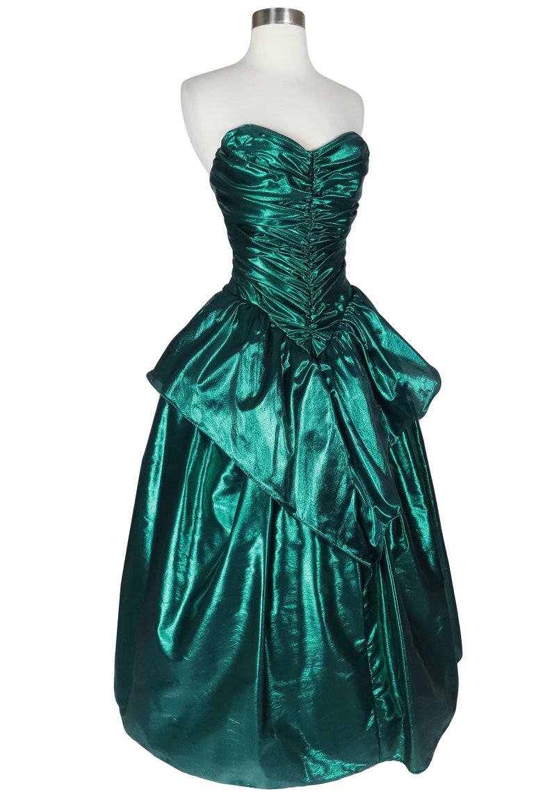 Vintage 80s Metallic Green Lamé Foil Strapless Ruched Peplum Full Skirt Ballgown Prom Party Dress Ball Gown XS S Extra Small image 2