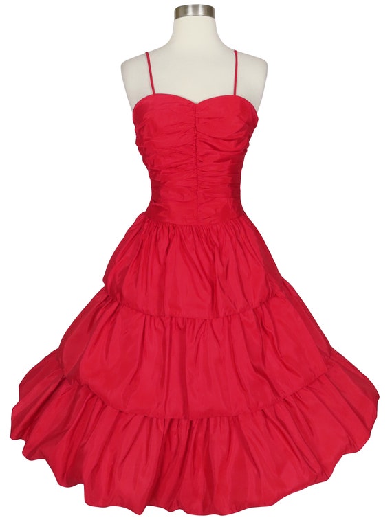 Vintage 80s Red Taffeta Tiered Full Skirt Prom Co… - image 2