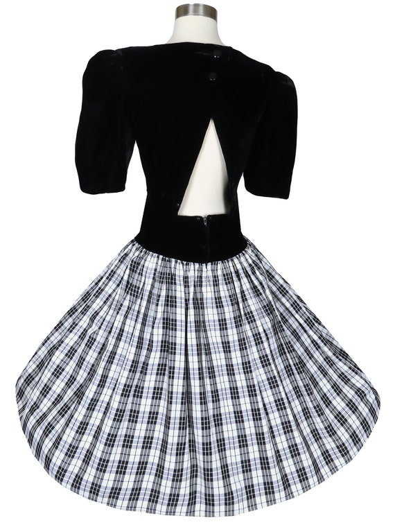 Vintage 80s Black Velvet White PLAID Taffeta Full… - image 6