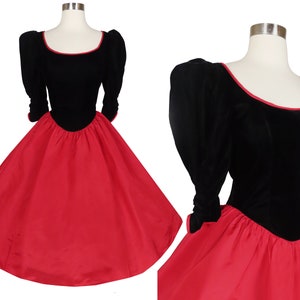 Vintage 80s Prom Dress S Small Gunne Sax Red Taffeta Black Velvet Party Puff Sleeve Full Skirt Womens McClintock Valentine&#39;s Day Holiday