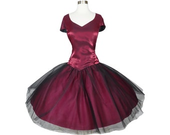 Vintage 90s Burgundy Metallic Red Black Tulle Full Skirt Prom Party Dress Volup Curvy 2X 3X Plus Size Midi Calf Length 50s Swing Dance Pinup