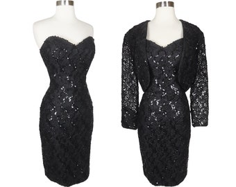 Vintage 80s 90s Black Sequin Strapless Cocktail Party Dress S Small Matching Bolero Jacket 2 Piece Set nos nwt NEW Tags Womens Glam Formal