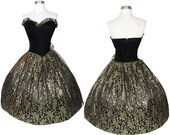 Vintage 80s 50s Black Velvet GUNNE Sax Strapless Metallic Gold Lace Full Skirt Prom Party Dress M Medium Formal Gown Womens Ruffle Dance