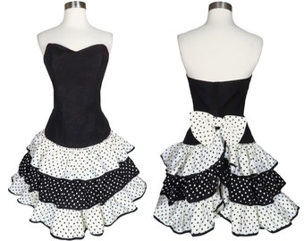 Vintage 80s Black White Strapless Polka Dot Tiered Full Skirt Prom Cocktail Party Dress S Small Sheath Bustle Short Dotted Womens Dance