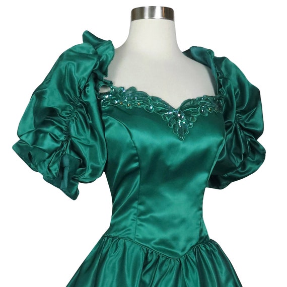 Vintage 80s Green Satin Puff Sleeve Full Skirt Pr… - image 9