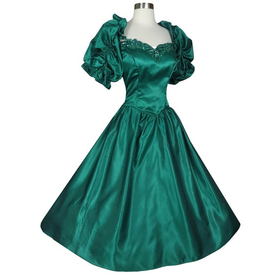 Vintage 80s Green Satin Puff Sleeve Full Skirt Pr… - image 2