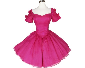 Vintage 80s 90s Hot Pink Short Full Skirt Prom Cocktail Party Dress XS S Extra Small Ballet Dancing Ballerina Balletcore Costume Dance