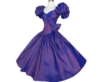 Vintage 80s Purple Prom Party Dress XS Extra Small Iridescent Glam Taffeta Puff Balloon Bubble Sleeve Formal Gown Dance Queen Womens Costume