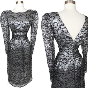Vintage 80s Silver Grey Metallic Black Floral LACE Cocktail Party Prom Dress XS S Extra Small Small Long Sleeves Sheath Womens Glam Silver