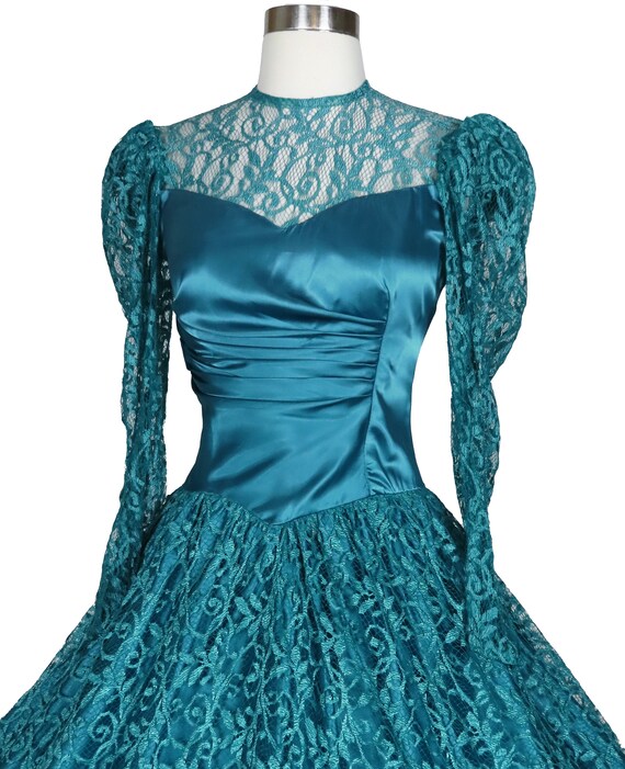 Vintage 80s 40s Teal Blue Green Lace Satin Prom P… - image 5