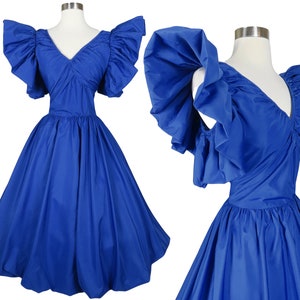 Vintage 80s Avant Garde Bubble Skirt Prom Party Dress Blue M Medium Ruffle Sleeves Royal Womens Costume Glam Dance Holiday Avant Garde Gown