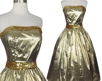 Vintage 80s Strapless Metallic Gold Lamé Foil Sequin Full Skirt Prom Gown Party Dress S Small Glam Womens Costume Formal Dance