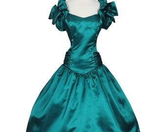 Vintage 80s Green Blue Teal Satin Puff Ruffle Sleeve Hi Lo Full Skirt Prom Party Dress M Medium Bridesmaid Costume Womens Formal Dance Glam