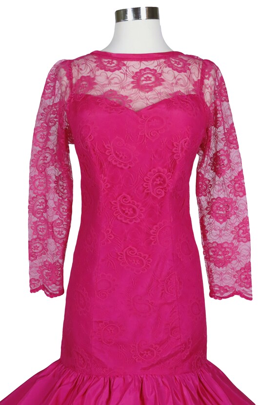 Vintage 80s Fuchsia Pink LACE Prom Party Dress S … - image 6