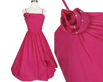 Vintage 80s 50s Prom Party Dress S Small Pink Spaghetti Strap Balloon Bubble Skirt Rosette Rhinestone Full Skirt Calf Length Sleeveless Glam