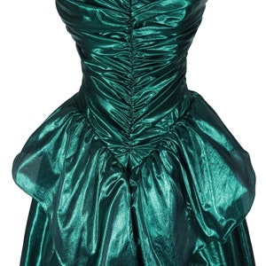 Vintage 80s Metallic Green Lamé Foil Strapless Ruched Peplum Full Skirt Ballgown Prom Party Dress Ball Gown XS S Extra Small image 4