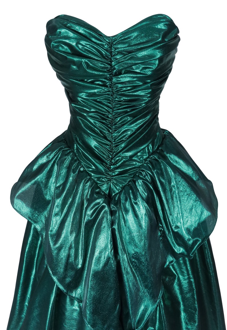 Vintage 80s Metallic Green Lamé Foil Strapless Ruched Peplum Full Skirt Ballgown Prom Party Dress Ball Gown XS S Extra Small image 4