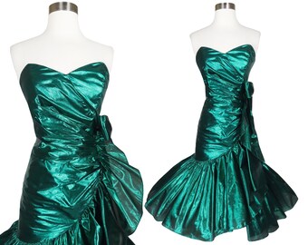 Vintage 80s Green Metallic Lame Foil Strapless Full Skirt Mermaid Prom Party Dress Best Queen