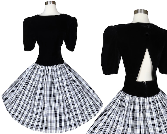 Vintage 80s Black Velvet White PLAID Taffeta Full… - image 1