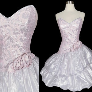 Vintage 80s Prom Dress XXS Party Strapless Silver Metallic Lamé Foil Pink Lace Tiered Full Skirt Glam Nadine Extra Extra Small Costume Dance