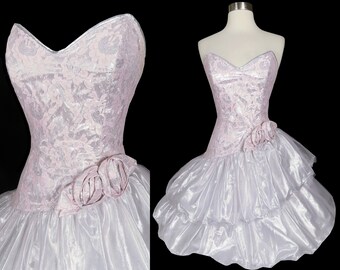 Vintage 80s Prom Dress XXS Party Strapless Silver Metallic Lamé Foil Pink Lace Tiered Full Skirt Glam Nadine Extra Extra Small Costume Dance