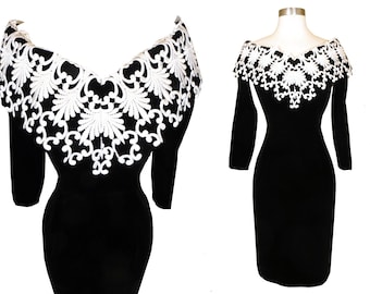 Vintage 80s 90s Dress S Small PROM Party Black Velvet White LACE Cocktail Off Shoulder Long Sleeves 1980s 1990s Glam Womens Formal 1980s