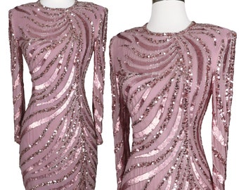 Vintage 80s 90s Pink Sequin Silver Beaded Cocktail Party Prom Sheer Long Sleeve Sheath Dress XS S Extra Small Womens Petite Glam Diva Trophy
