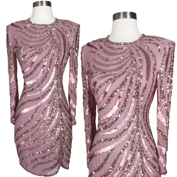 Vintage 80s 90s Pink Sequin Silver Beaded Cocktai… - image 1