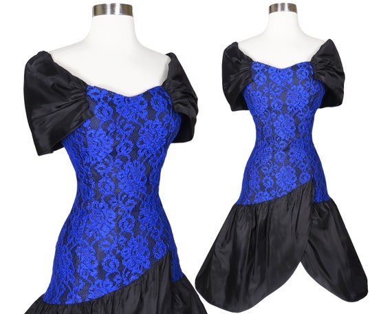 Vintage 80s Black Blue LACE Full Skirt Mermaid Pr… - image 1