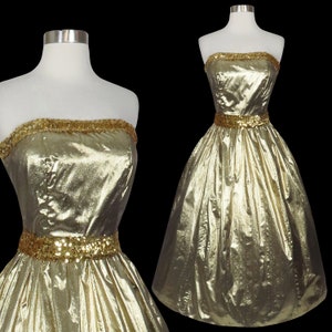 Vintage jaren 80 strapless metallic goud lamé folie pailletten volledige rok galajurk koningin feestjurk sm klein medium glamour vrouwen kostuum formele dans