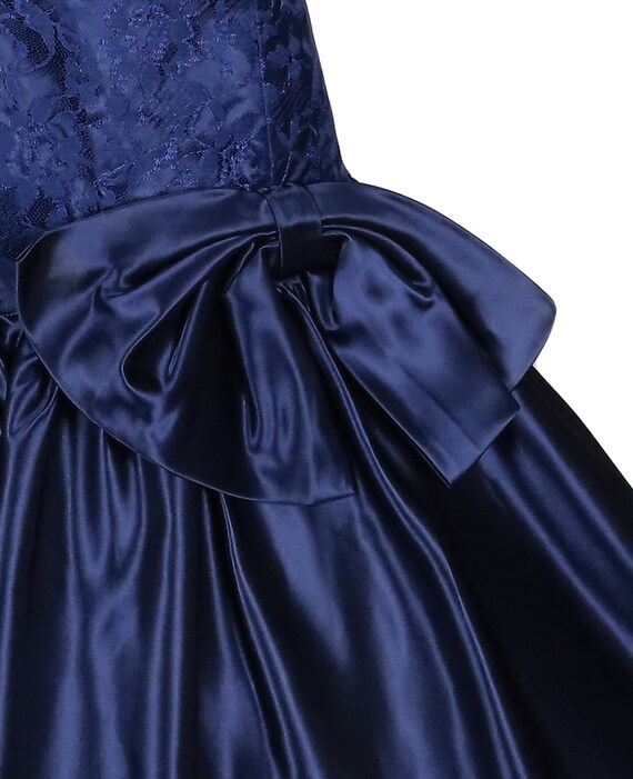 Vintage 80s Dark Navy Blue Satin Puff Sleeve Flor… - image 10