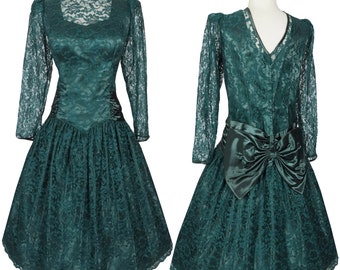Vintage 80s Green Floral Lace Full Skirt Prom Gown Party Dress XL Extra Large Satin Back Big Bow Womens Dance Costume Long Bracelet Sleeves