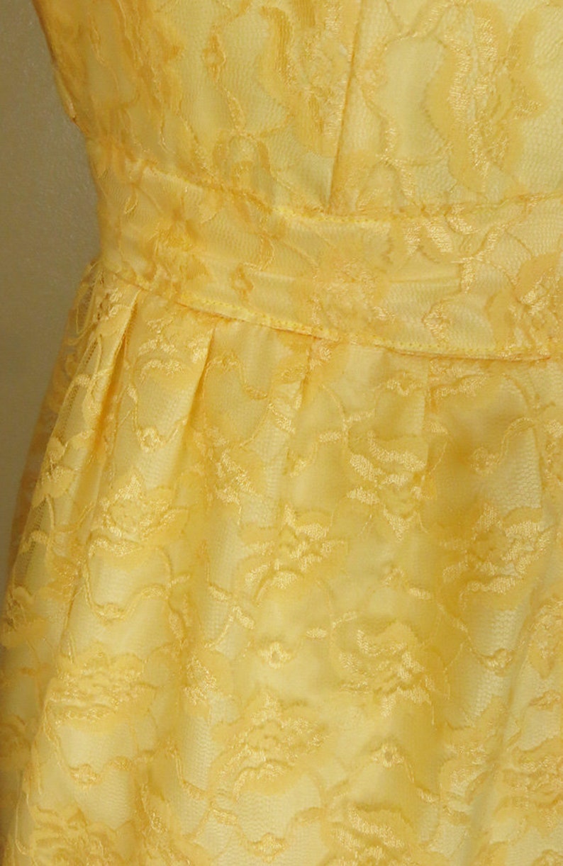 Cottage Core Vintage 70s MAXI Dress S Small YELLOW LACE Long Sleeve High Neck Empire Waist Hippy Hippie Boho Bohemian Sunshine Cottage Core