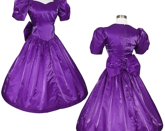 Vintage 80s Purple Satin Shiny Puff Sleeve Sheer Big Back Bow Full Skirt Prom Party Dress XS Extra Small Short Sleeves Womens Formal Dance