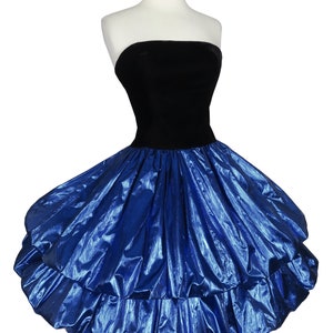 Vintage 80s Metallic Blue Lamé Foil Black Velvet Strapless Double Bubble Skirt Prom Party Dress XS Extra Small BEST Costume Dance Glam Queen image 6