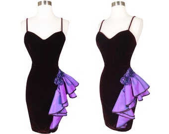 Vintage 80s Burgundy Purple Ruffle Velvet Sheath Cocktail Party Prom Dress XS S Knee Length Sleeveless Glam Dance Beaded Formal Womens Dance