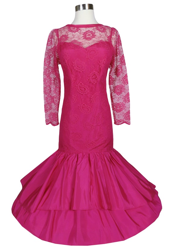 Vintage 80s Fuchsia Pink LACE Prom Party Dress S … - image 4