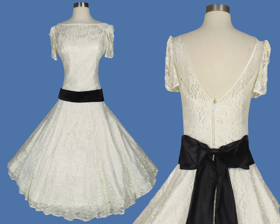 80s made in USA white lace drop waist formal dress