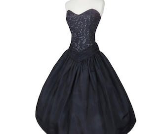 Vintage 80s 50s Strapless Black Taffeta Glitter Full Skirt Prom Party Dress XS Extra Small Formal Dance Fit and Flare Pinup Scott McClintock