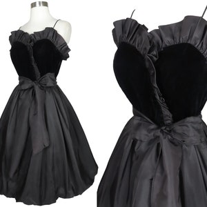 Vintage 80s 50 Black RUFFLE Velvet Full BUBBLE Skirt Prom Cocktail Party Dress XS S Spaghetti Straps Balloon Taffeta Rockabilly Pinup Swing
