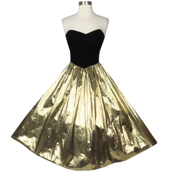 Vintage 80s Black Velvet Strapless GOLD Metallic Lame Lamé Foil Full Skirt Prom Party Dress XXS Formal Gown Gala Costume Zum Zum Glam