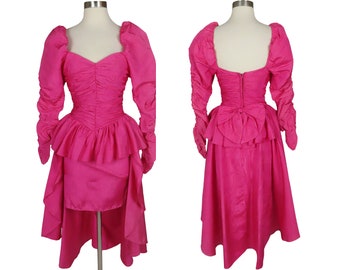 Vintage 80s Pink Avant Garde Long Puff Sleeves Hi Low Peplum Prom Party Dress XXS XS Extra Small Sheath Short Wild Glam Avant Garde Women