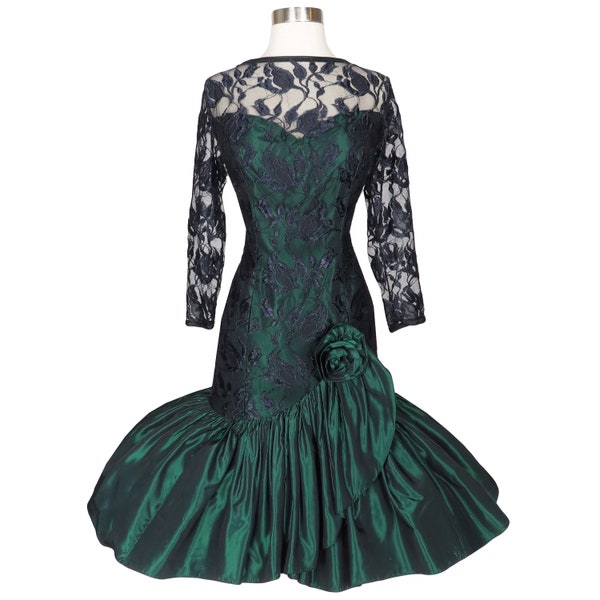 Vintage 80s Black Lace Dark Green Taffeta Long Sleeve Hi Lo Mermaid Full Skirt Prom Party Dress M Medium Glam Womens Formal Dance Costume