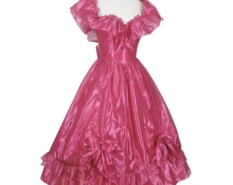 Vintage 80s Pink Shiny Southern Bell Gown Off Shoulder Ruffle Full Skirt Bows Prom Party Dress XXS XS Extra Small Zum Zum Ballgown Costume