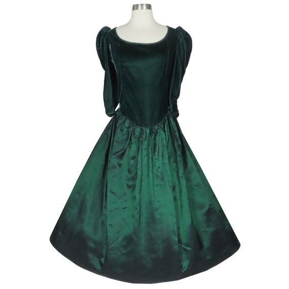 Vintage 80s Green Velvet Half Puff Sleeve Taffeta Full Skirt Prom Party Dress S Small Dance Queen Princess Formal Womens Costume Emerald