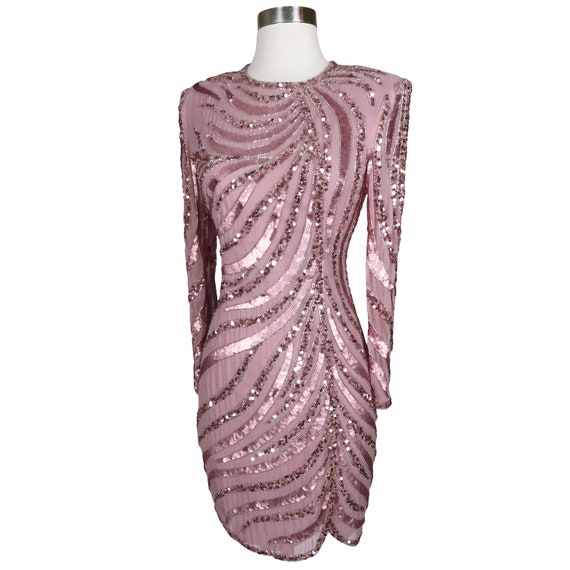 Vintage 80s 90s Pink Sequin Silver Beaded Cocktai… - image 6