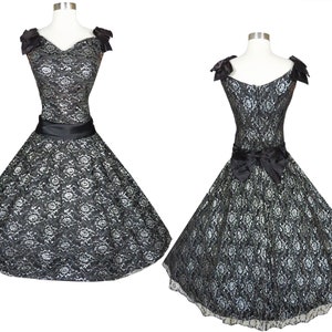 Vintage 80s Black Silver Floral Lace Metallic Full Skirt Prom Party Dress M L Medium Large Bows Satin Glam Sleeveless Womens Hi Lo Hem Skirt
