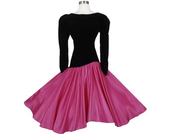 Vintage 80s Pink Black Velvet Long Sleeve Pink Full Circle Hi Lo Skirt Prom Party Dress S Small M Medium Magenta Taffeta Bridesmaid Costume