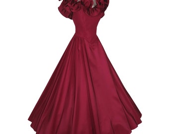 Vintage 80s Burgundy Ruffle Neckline Off Shoulders Full Skirt Long Maxi Prom Gown Party Dress S Small Formal Dance Gala Womens Sleeveless